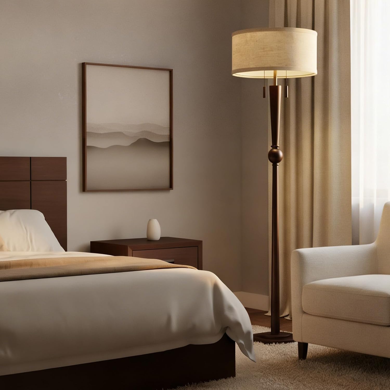 Solid Wood 2-Light Linen Drum Floor Lamp