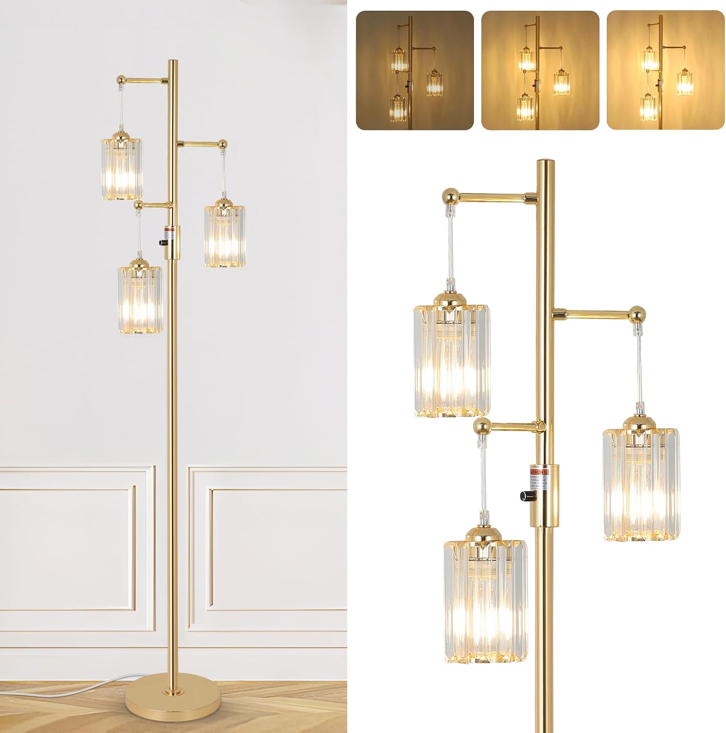 Dimmable 3-Light Gold Crystal Tree Floor Lamp