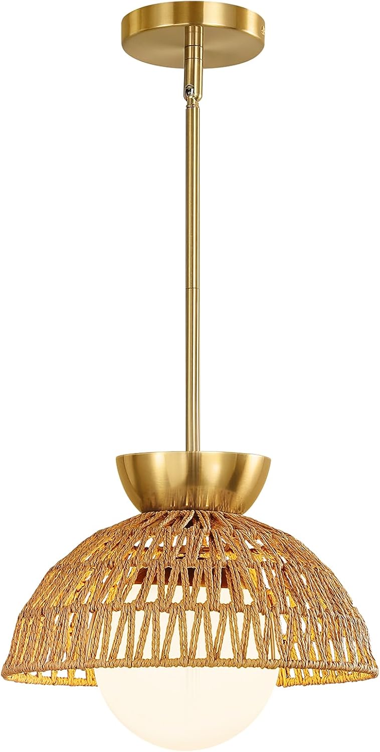 Boho Rattan Glass Globe Pendant Light