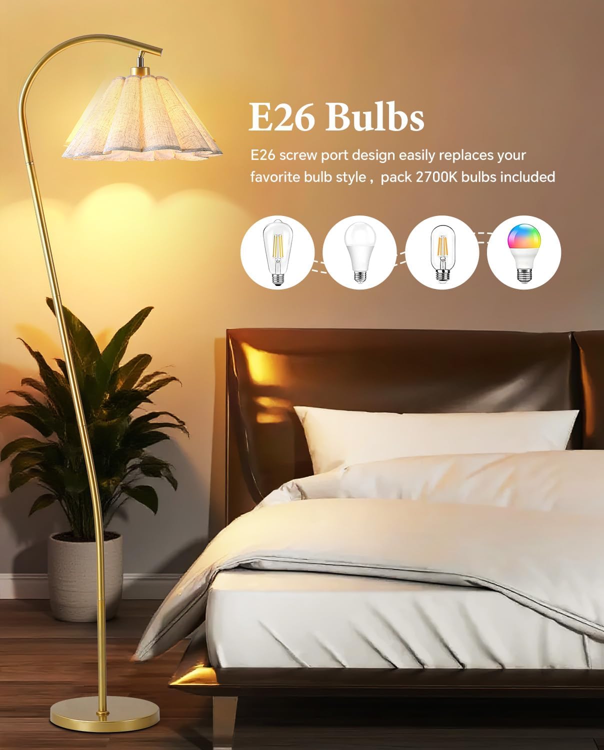 Gold Arc Pleated Linen Flower Floor Lamp