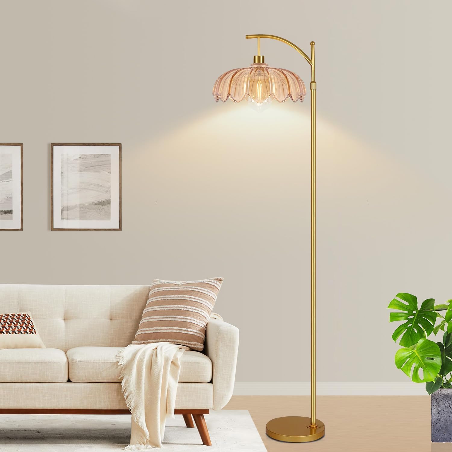 3CCT Gold Glass Shade Arc Floor Lamp