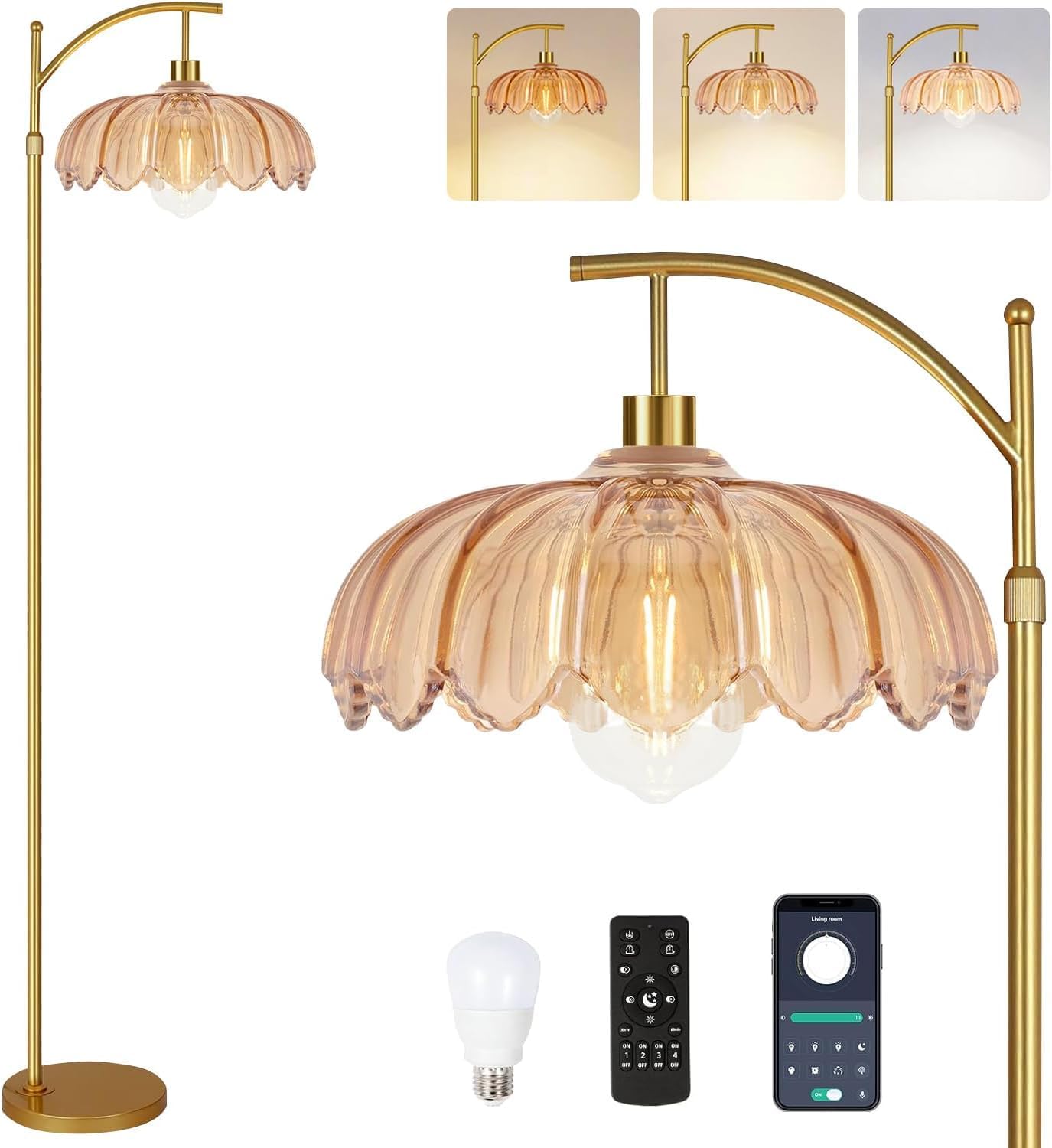 3CCT Gold Glass Shade Arc Floor Lamp