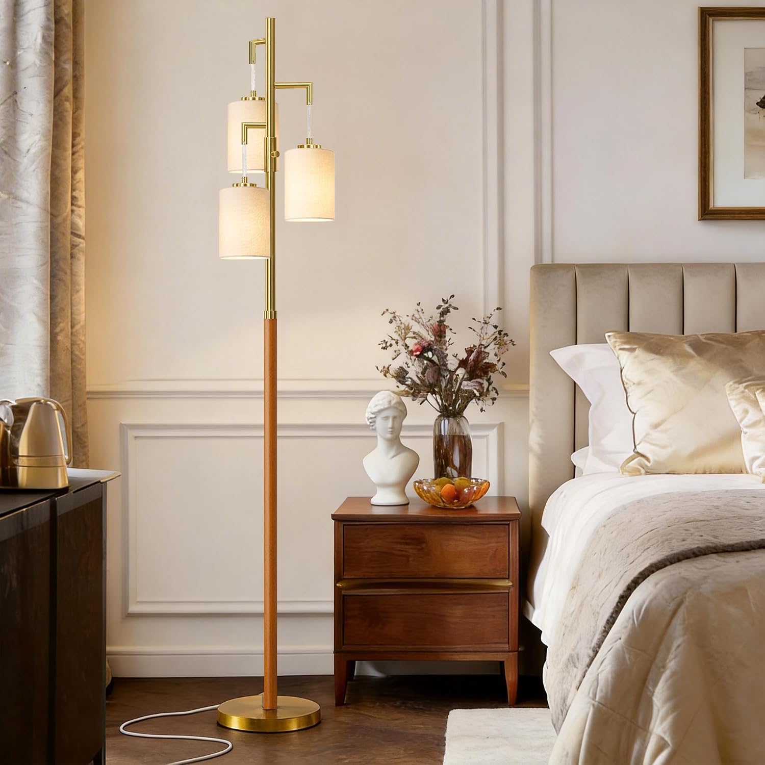 Dimmable Gold Wood 3-Light Floor Lamp