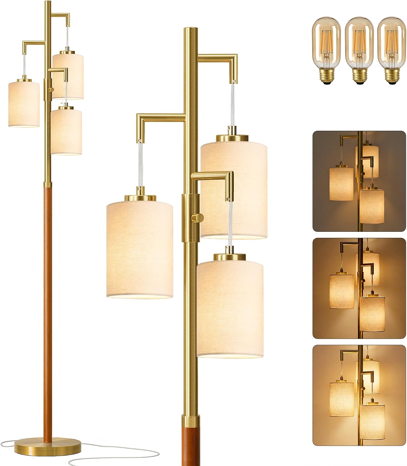Dimmable Gold Wood 3-Light Floor Lamp
