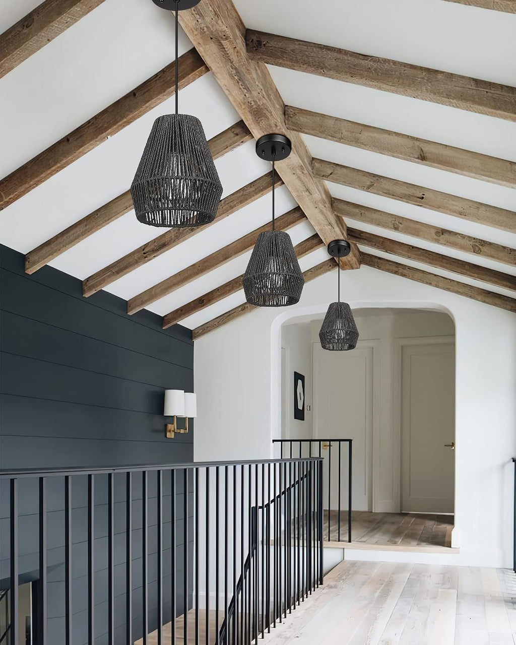 3 Pack Black Rattan Boho Pendant Lights