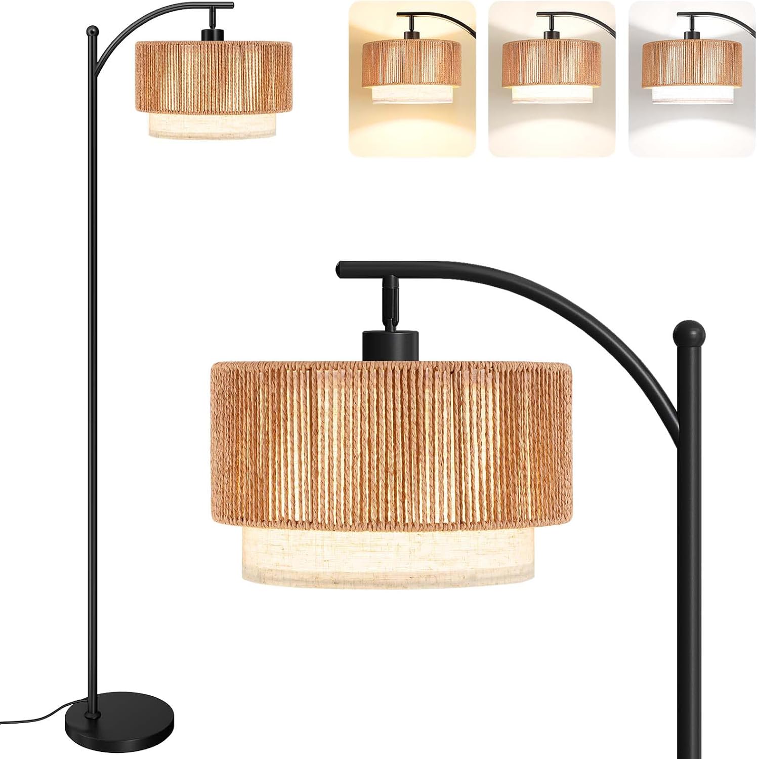 3CCT Adjustable Rattan Arc Floor Lamp