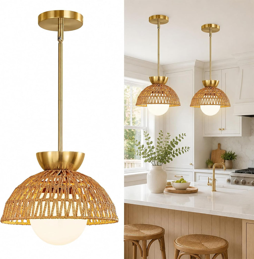 Boho Rattan Glass Globe Pendant Light
