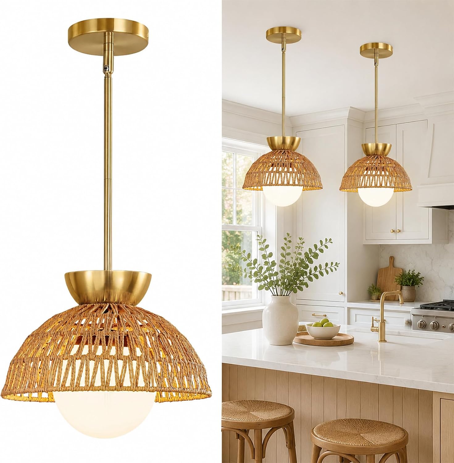Boho Rattan Glass Globe Pendant Light