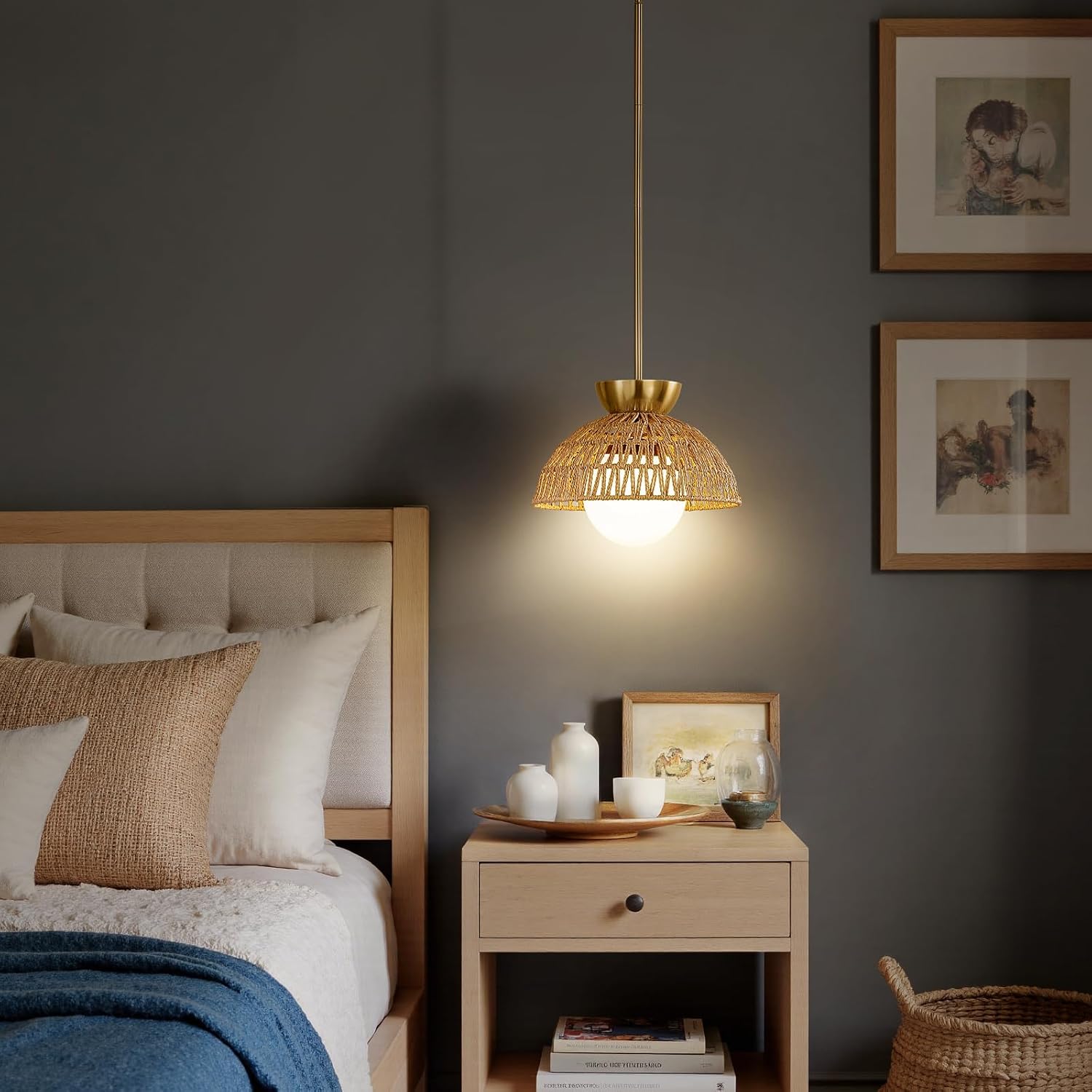 Boho Rattan Glass Globe Pendant Light