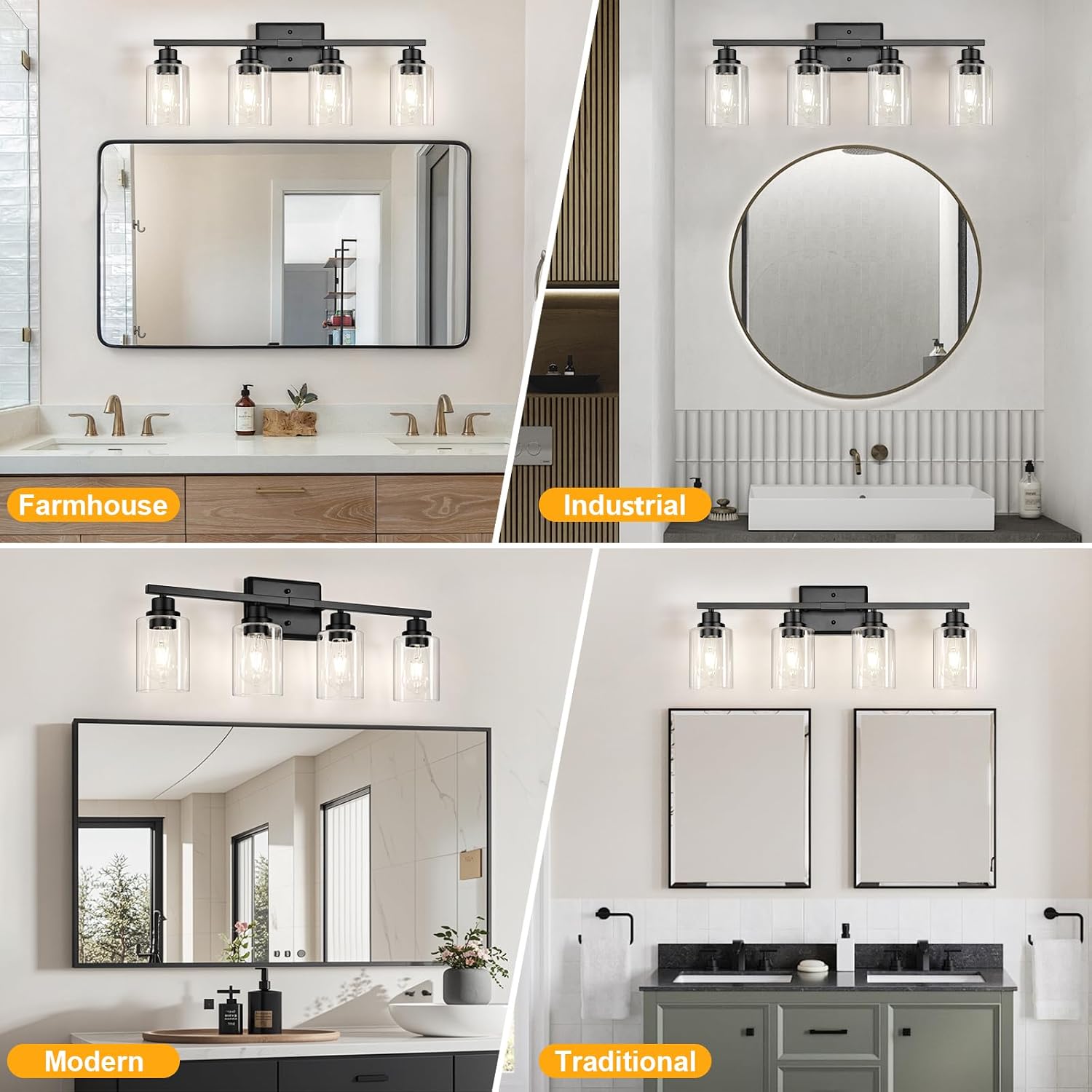 Black 4-Light Glass Bathroom Vanity Light