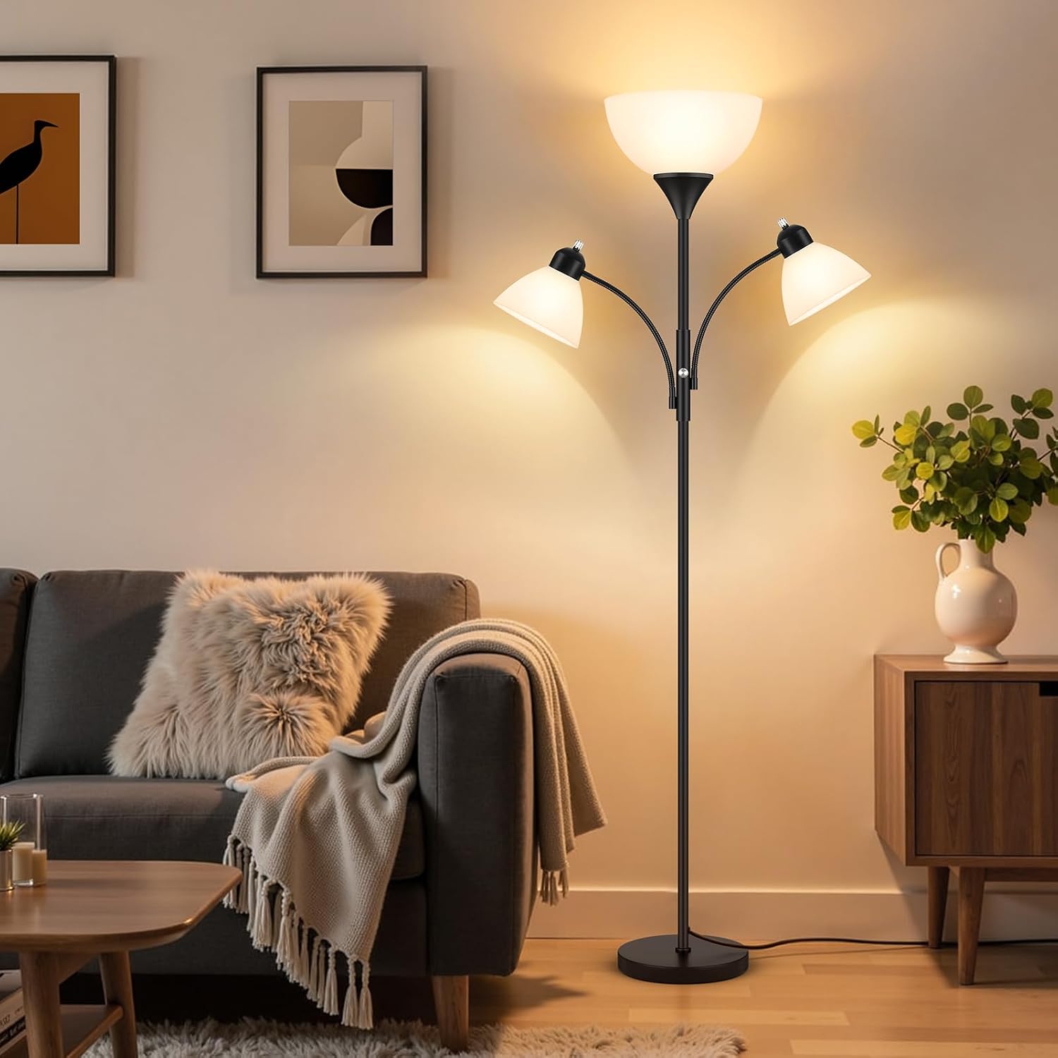 Dimmable Black Torchiere 2-Light Floor Lamp