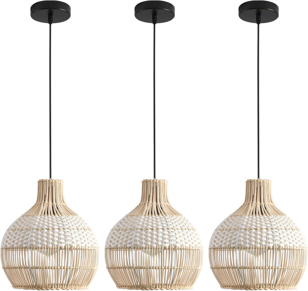 3 Pack White Mini Boho Rattan Pendant Lights