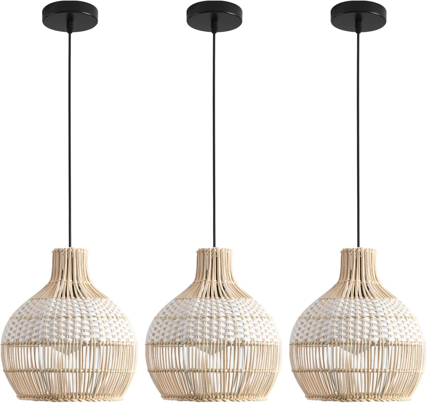 3 Pack White Mini Boho Rattan Pendant Lights