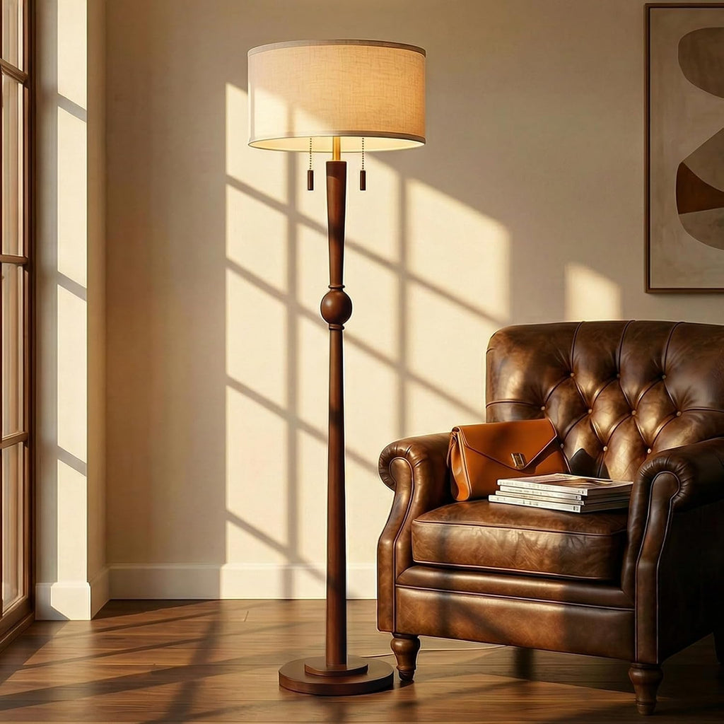 Solid Wood 2-Light Linen Drum Floor Lamp