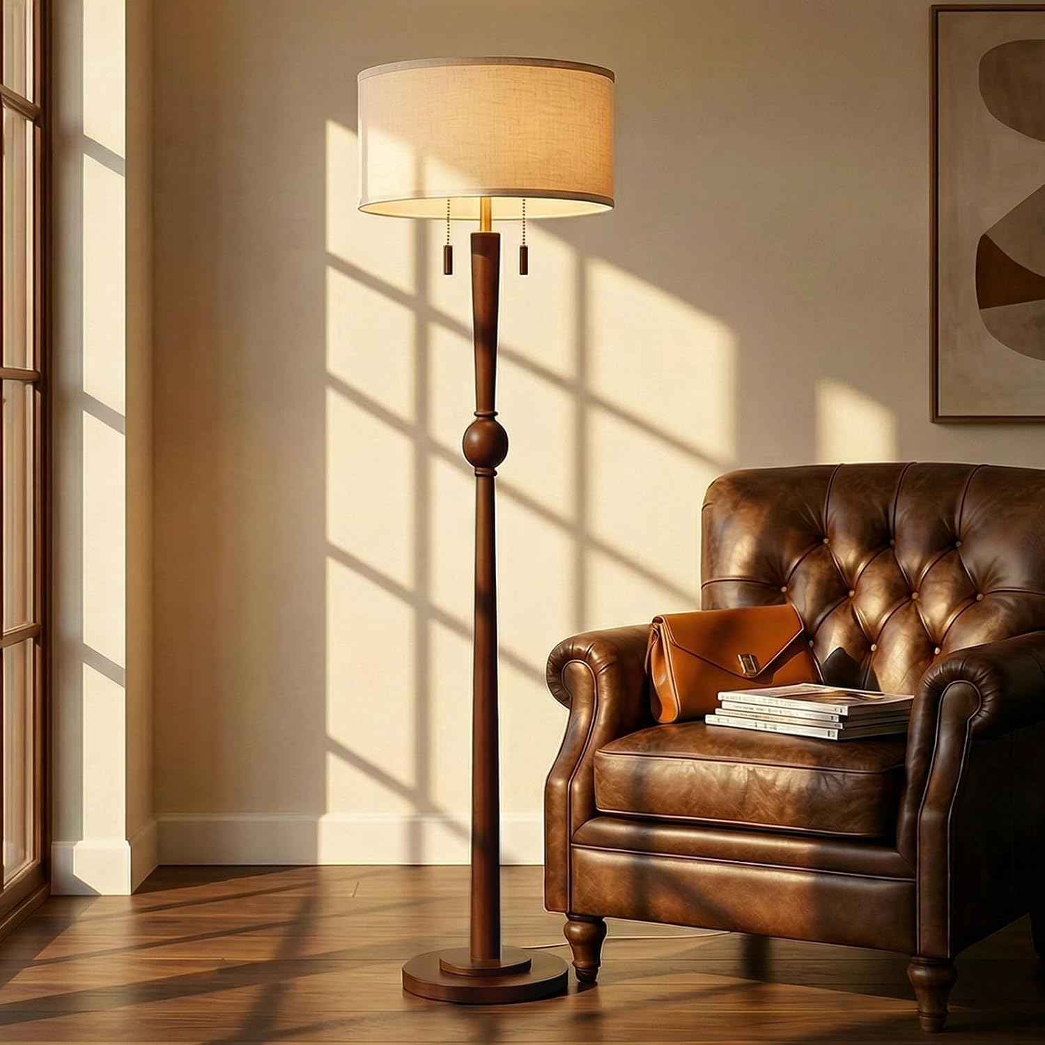 Solid Wood 2-Light Linen Drum Floor Lamp