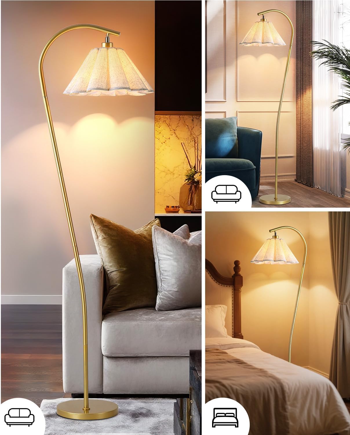 Gold Arc Pleated Linen Flower Floor Lamp
