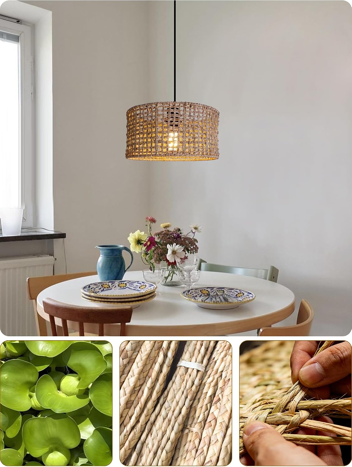 Plug In Open-Weave Rattan Drum Pendant Light