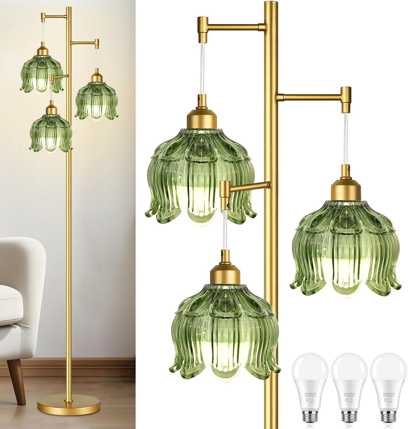 Gold Tree 3-Light Glass Floor Lamp