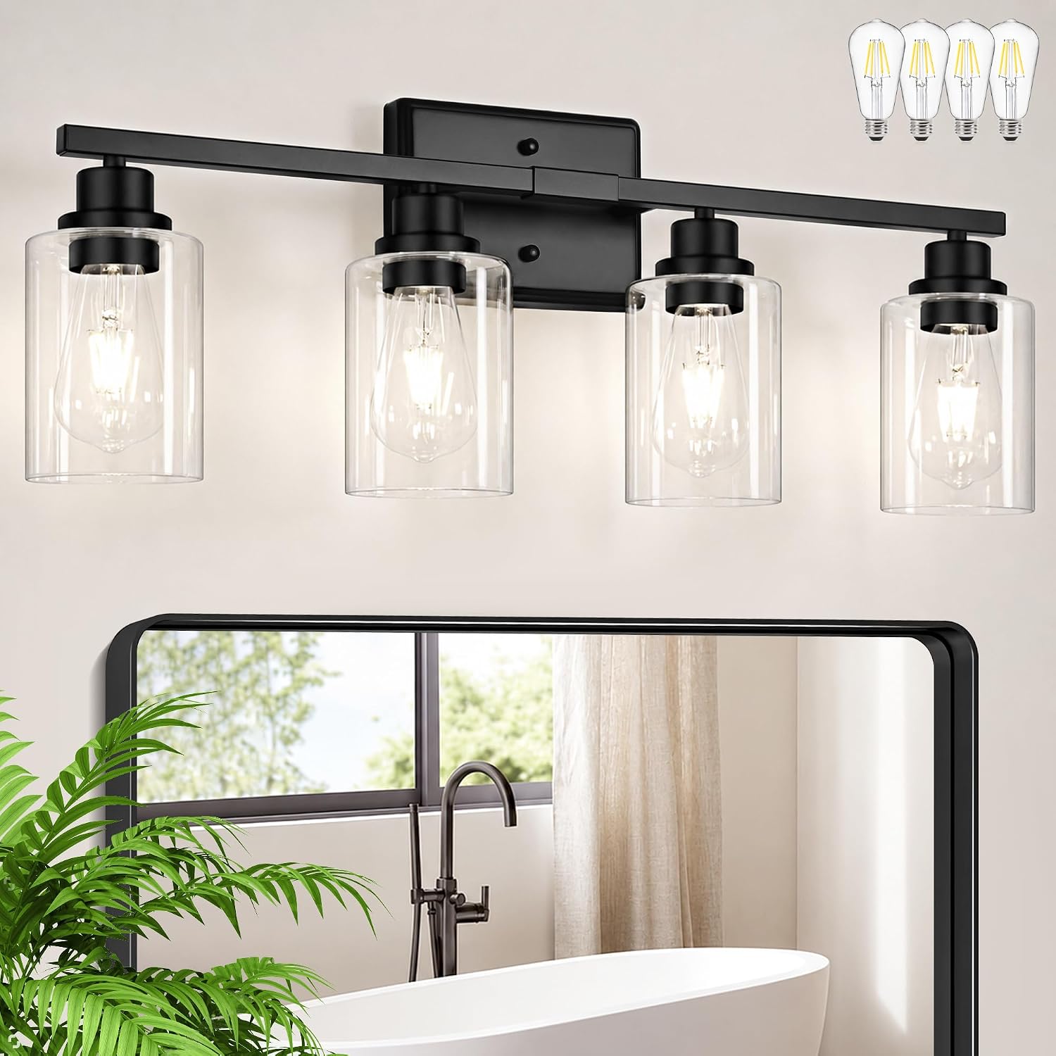 Black 4-Light Glass Bathroom Vanity Light
