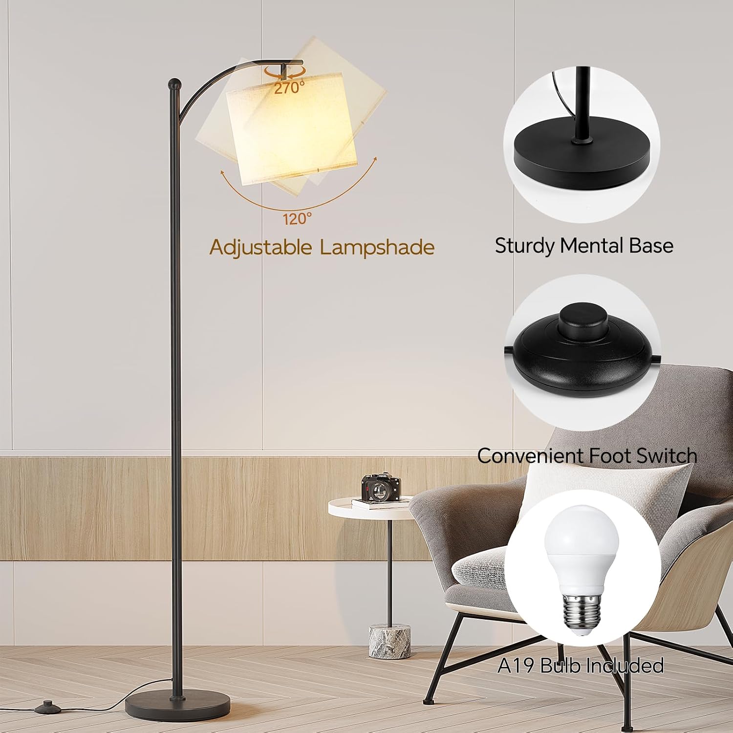 3CCT Black Adjustable Arc Floor Lamp