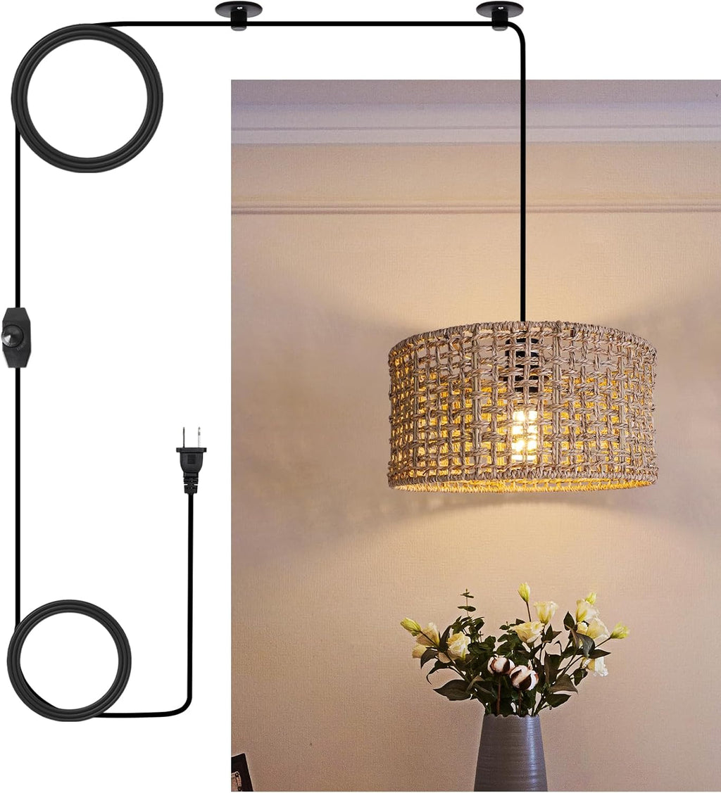 Plug In Open-Weave Rattan Drum Pendant Light