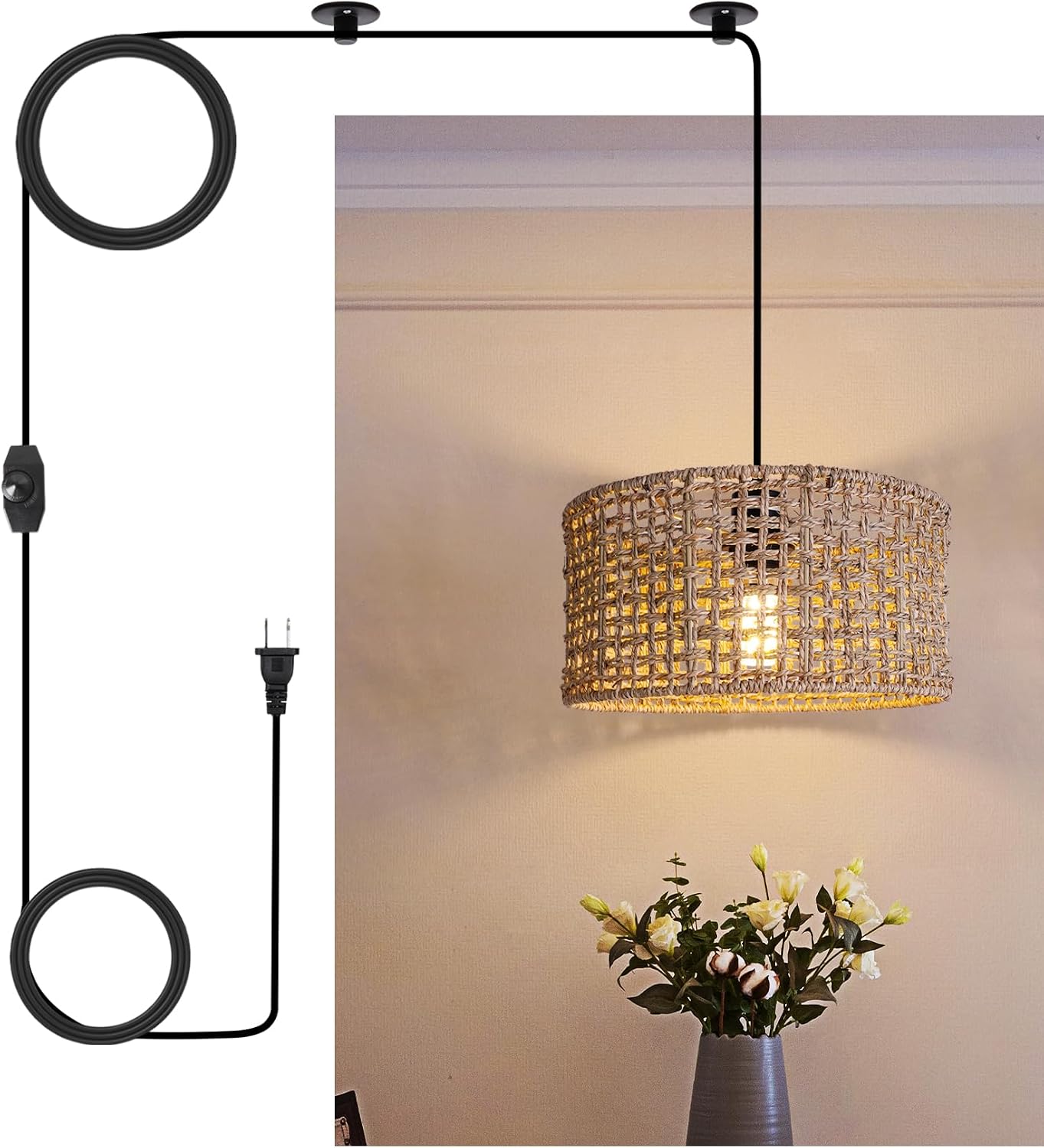 Plug In Open-Weave Rattan Drum Pendant Light
