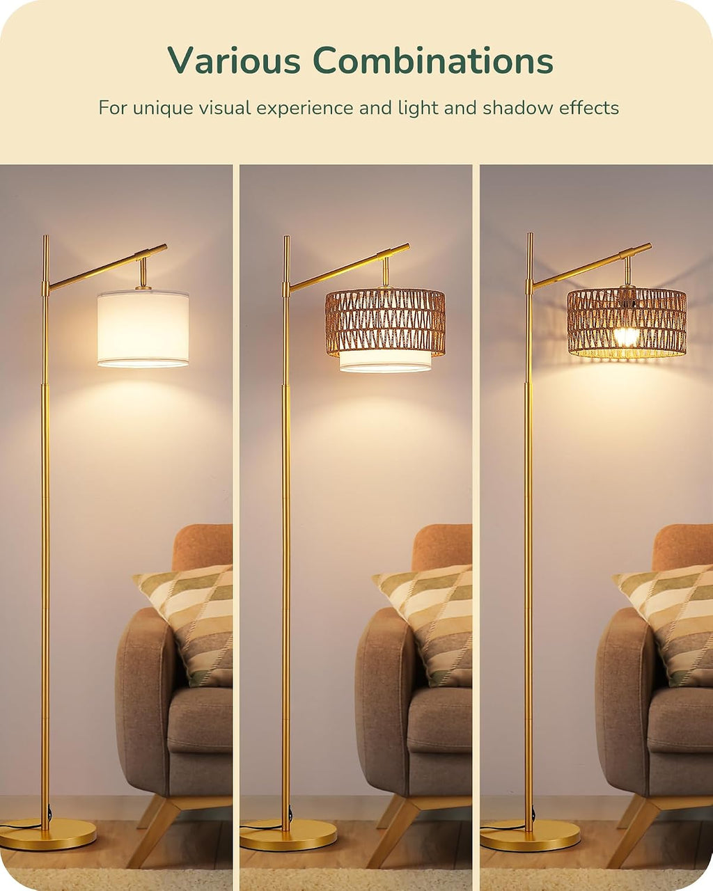 5CCT Gold Rattan Arc Farmhouse Floor Lamp