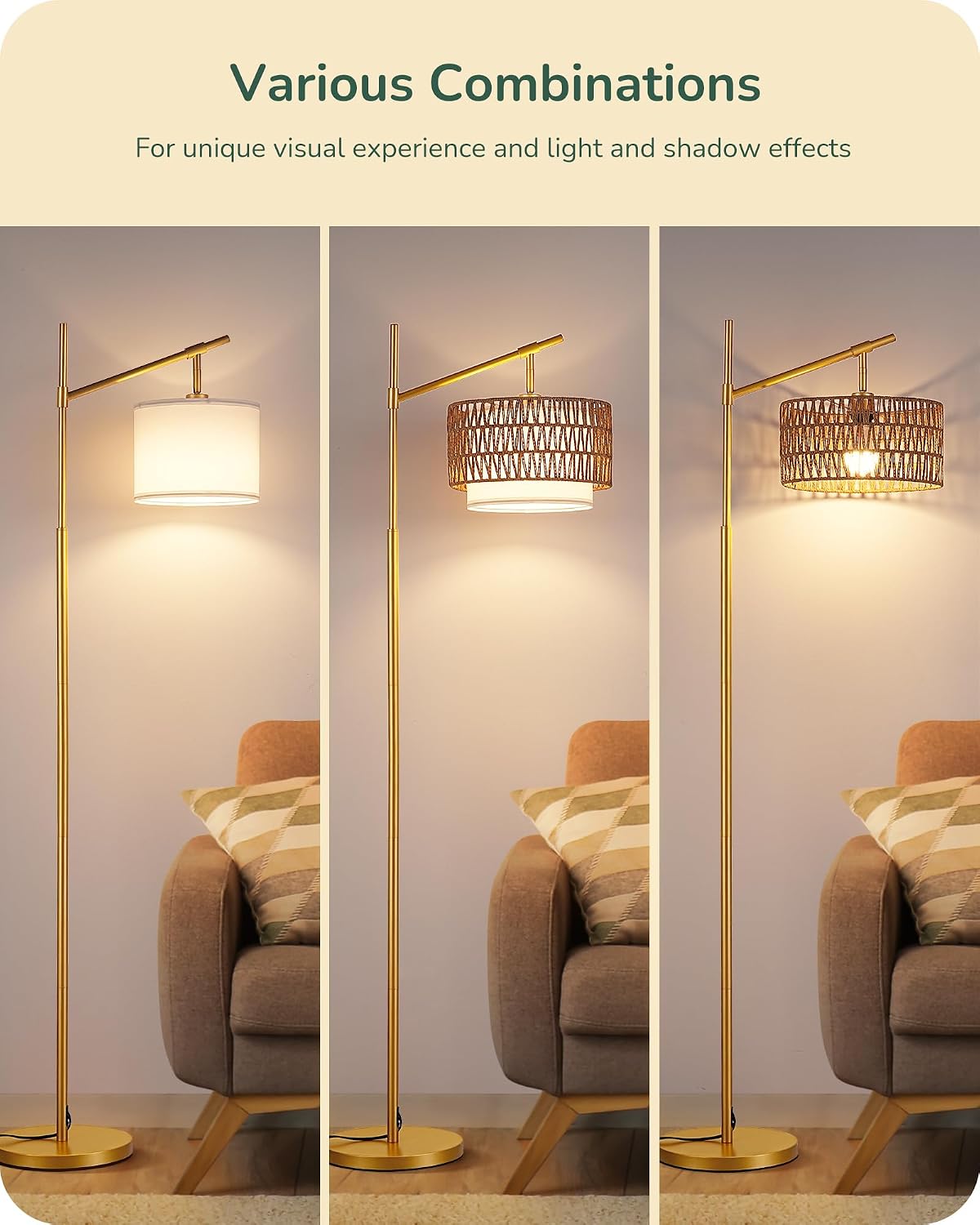 5CCT Gold Rattan Arc Farmhouse Floor Lamp