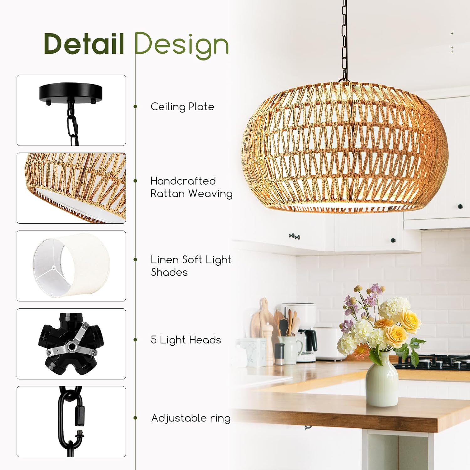 Boho Rattan 5-Light Dining Room Chandelier