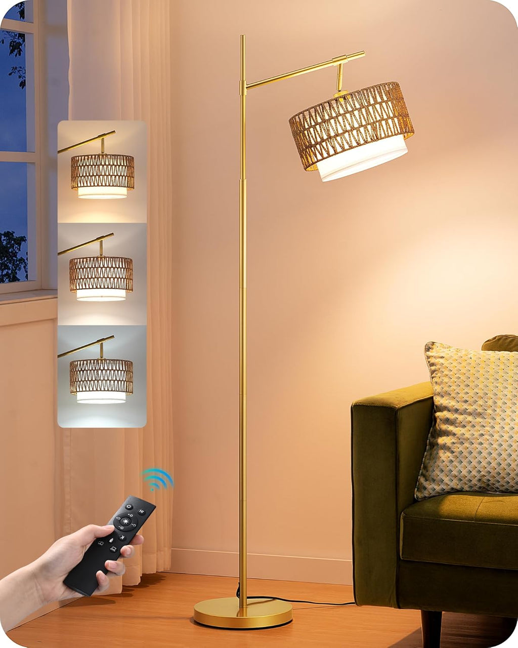 5CCT Gold Rattan Arc Farmhouse Floor Lamp