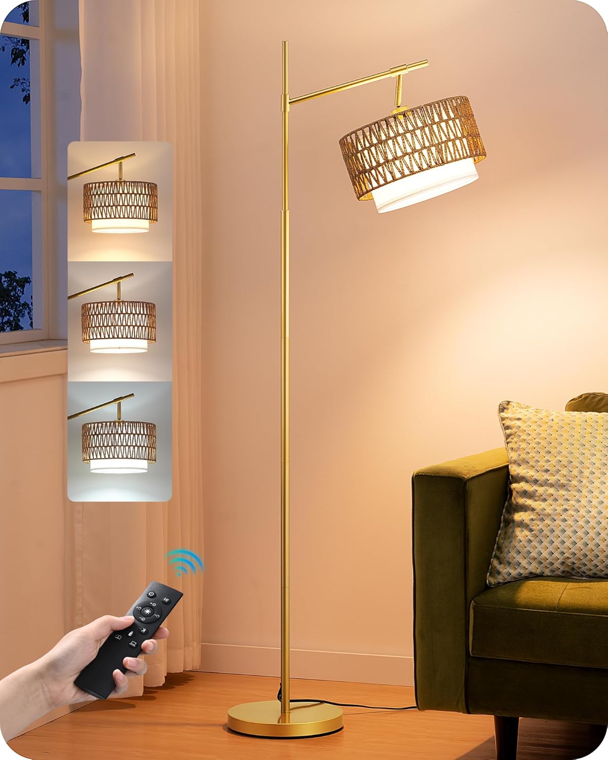 5CCT Gold Rattan Arc Farmhouse Floor Lamp