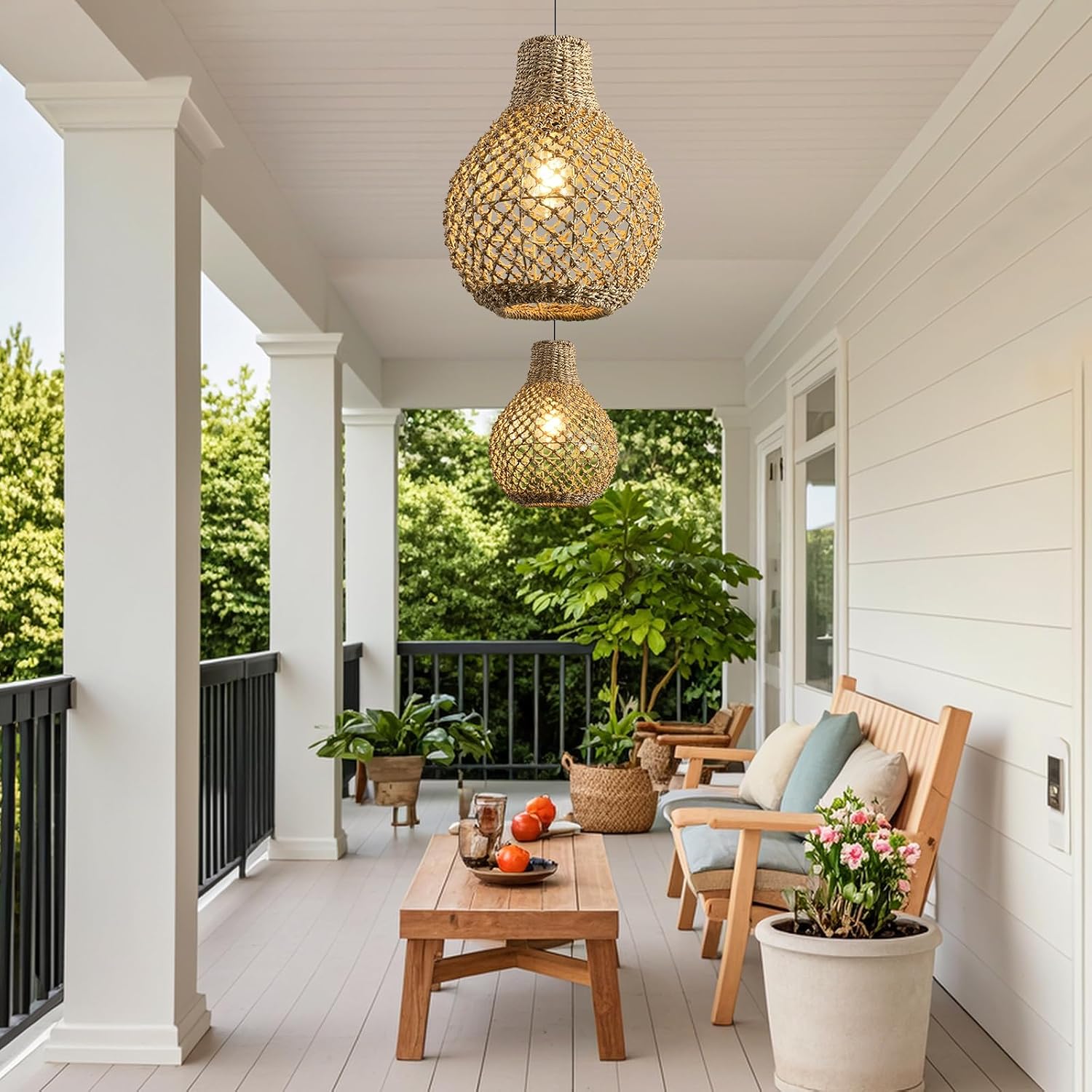 2 Pack Seagrass Boho Rattan Pendant Lights