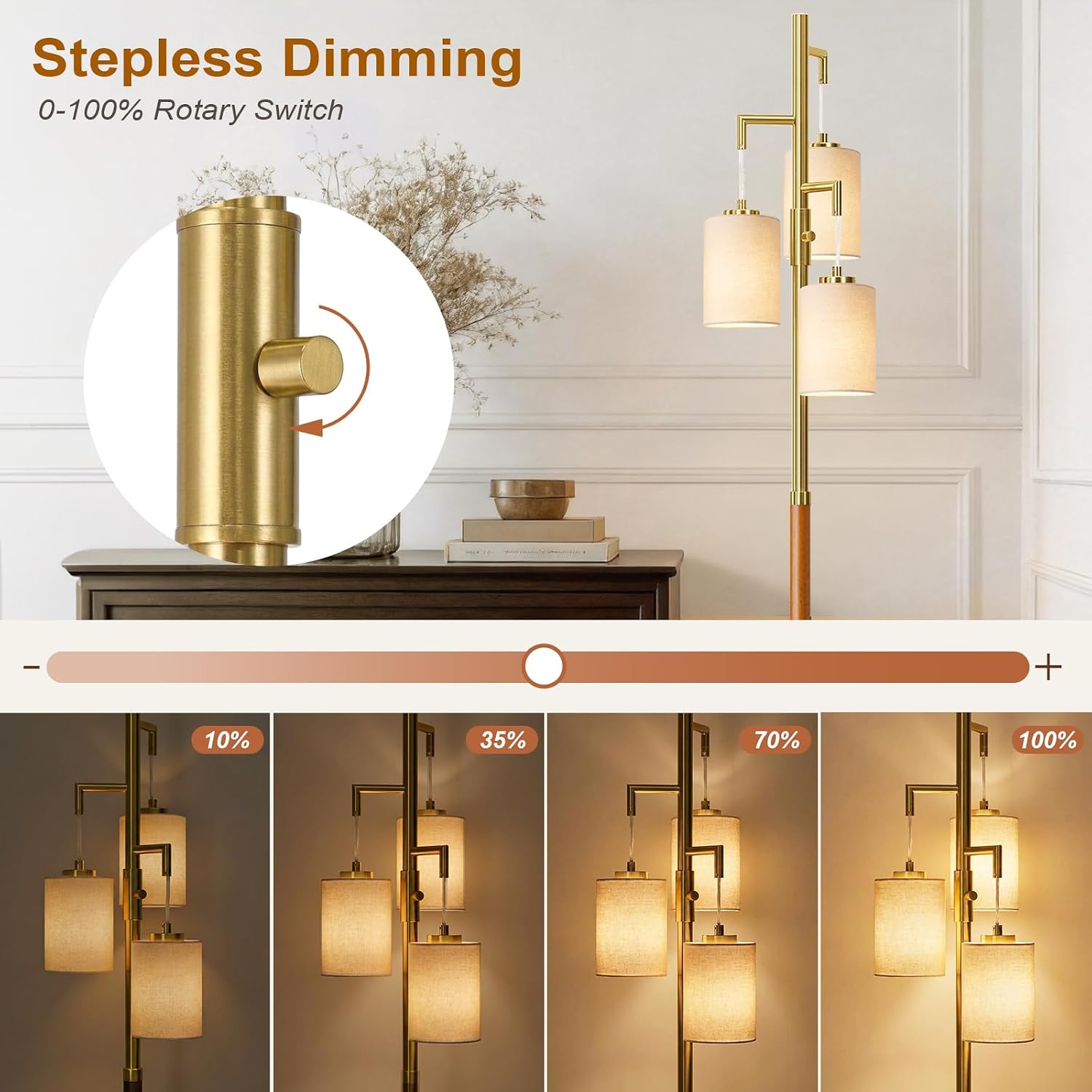 Dimmable Gold Wood 3-Light Floor Lamp