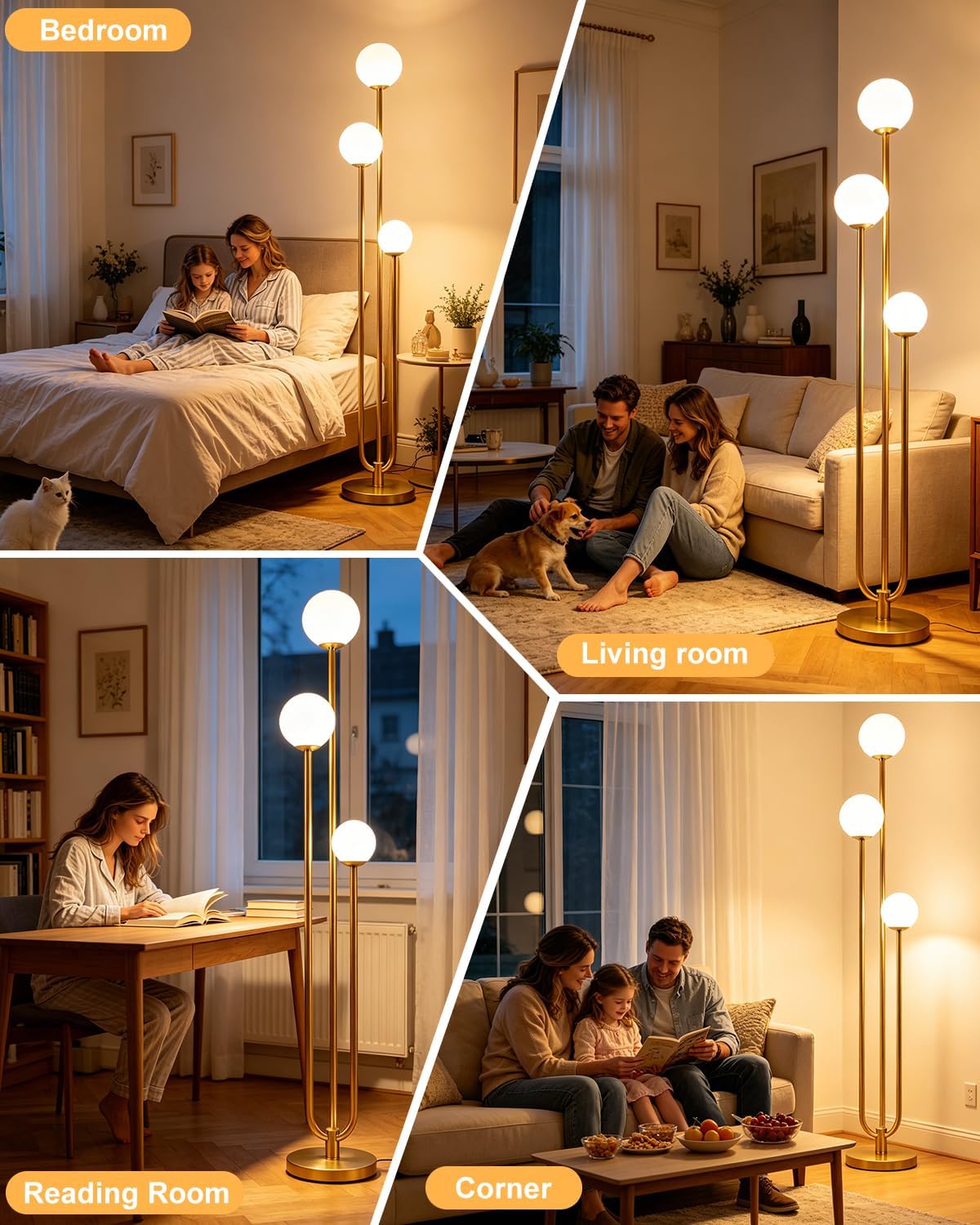 Dimmable Gold Globe 3-Light Floor Lamp