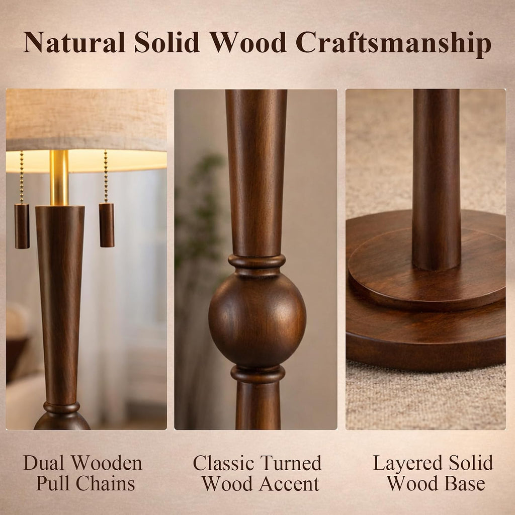 Solid Wood 2-Light Linen Drum Floor Lamp