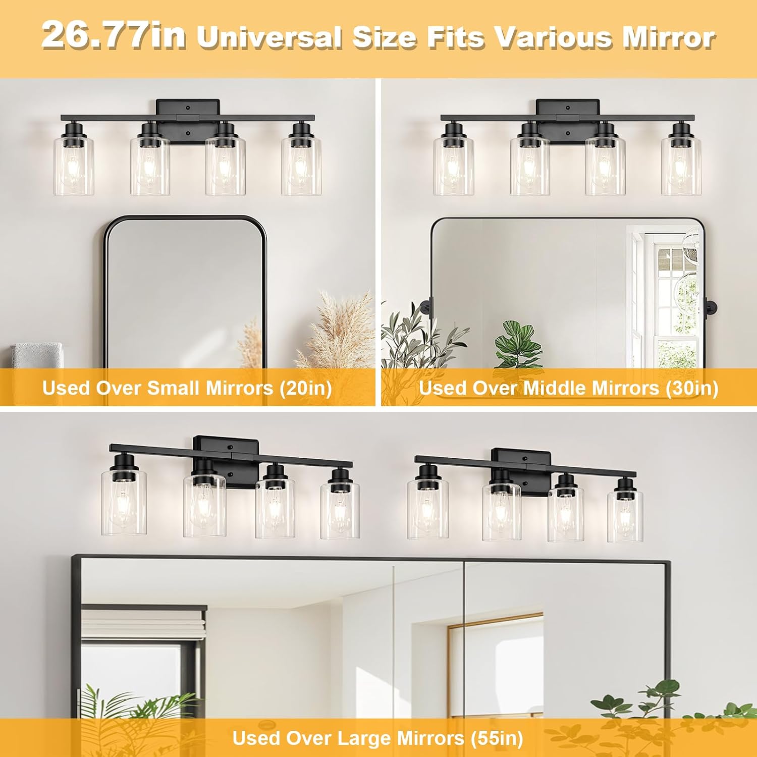 Black 4-Light Glass Bathroom Vanity Light