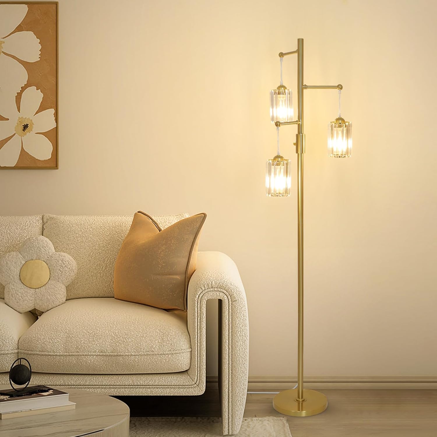 Dimmable 3-Light Gold Crystal Tree Floor Lamp