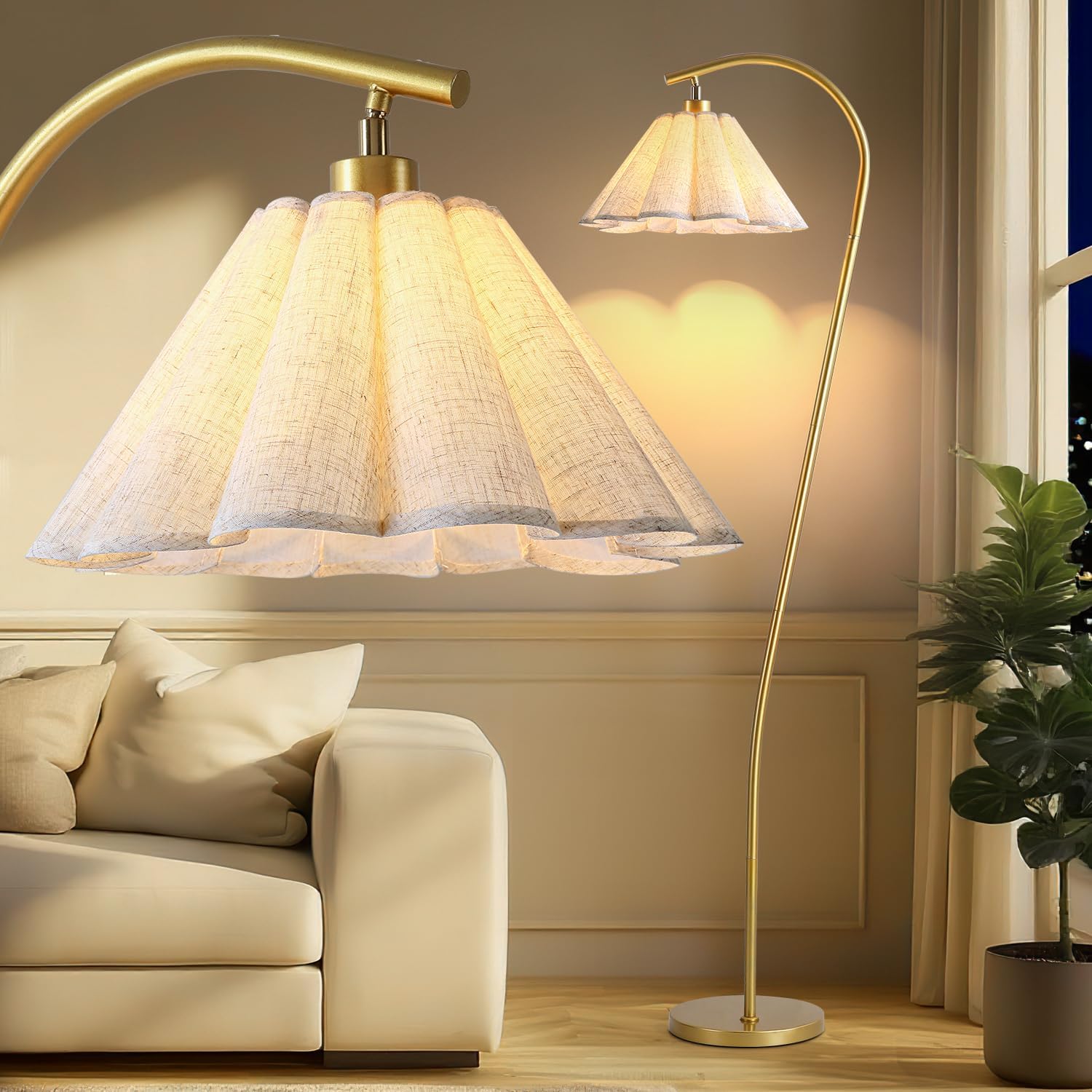 Gold Arc Pleated Linen Flower Floor Lamp