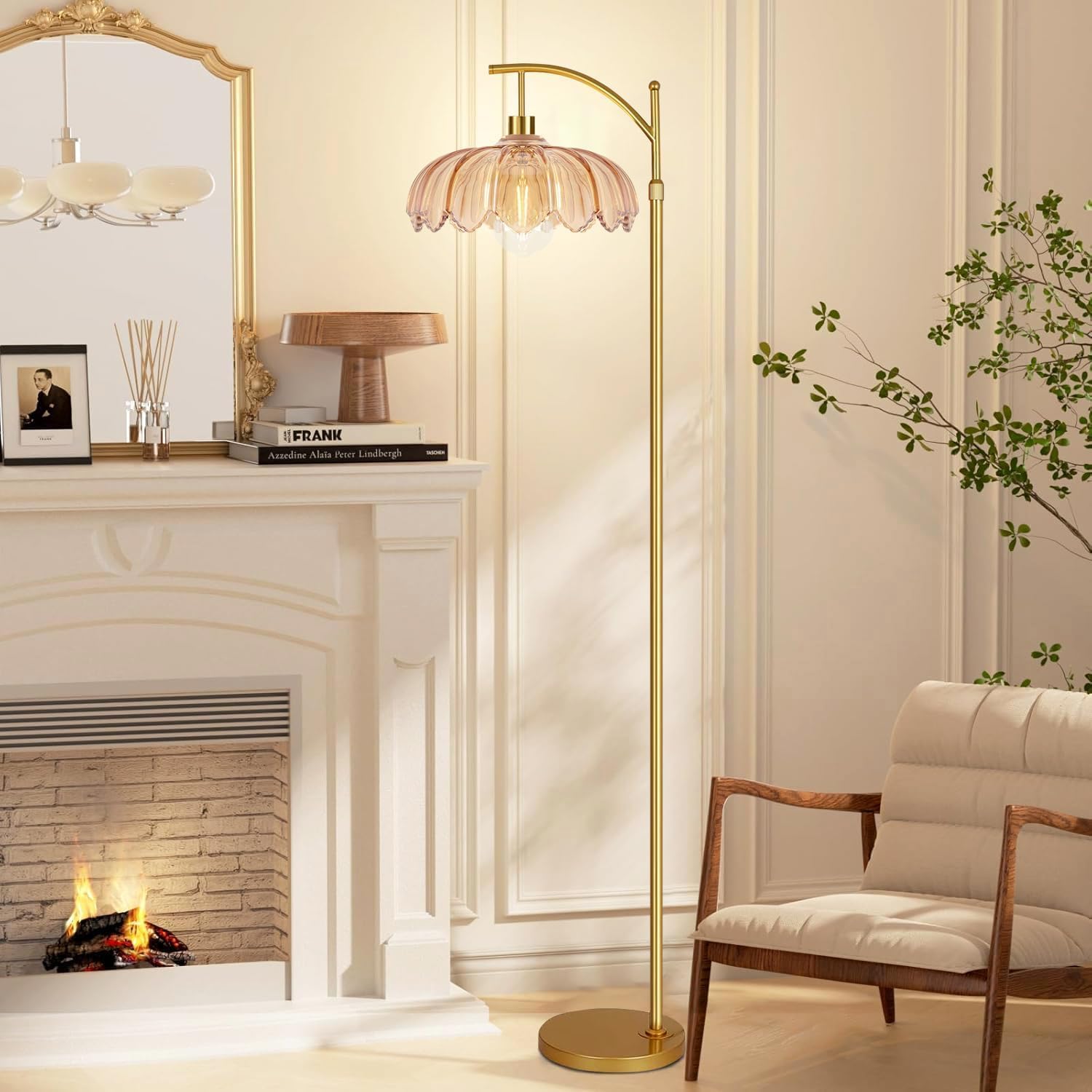 3CCT Gold Glass Shade Arc Floor Lamp