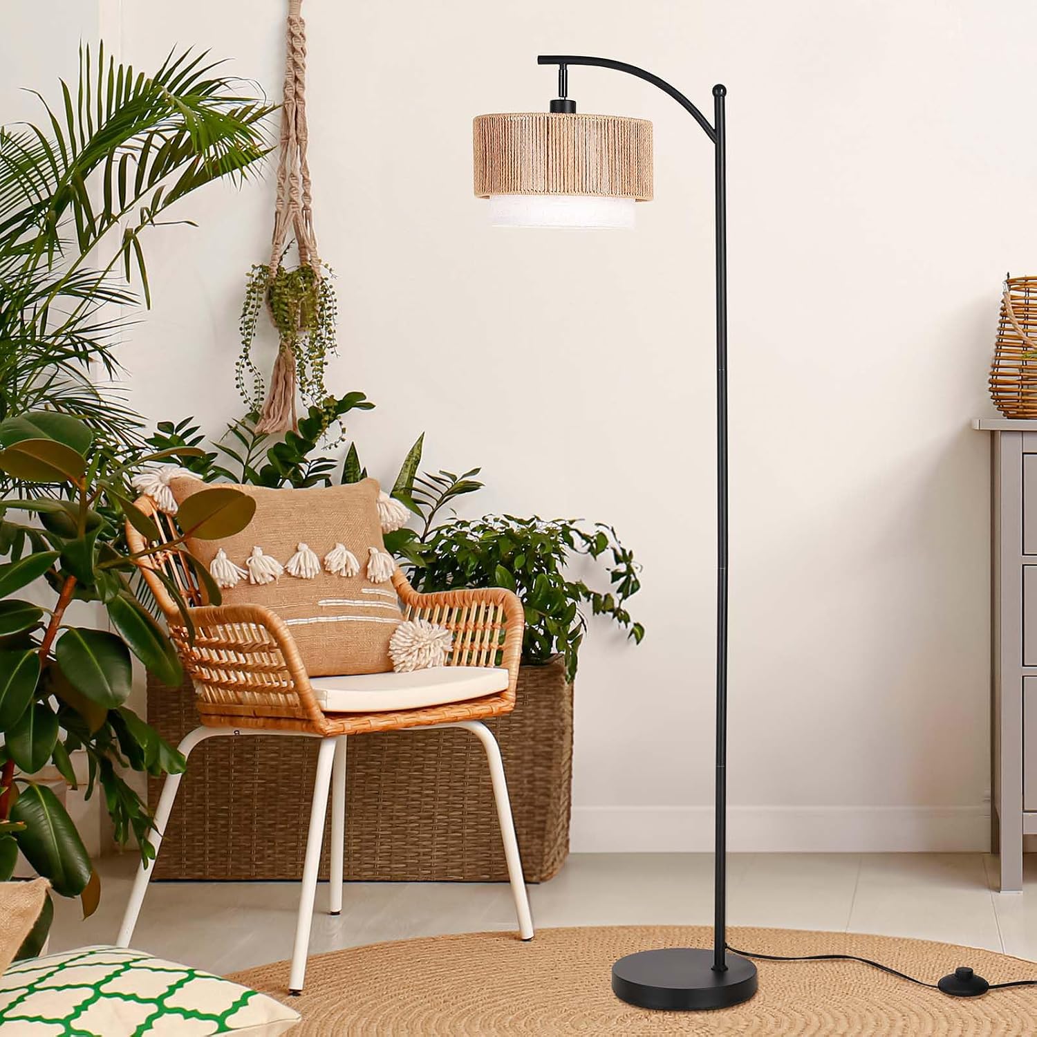 3CCT Adjustable Rattan Arc Floor Lamp