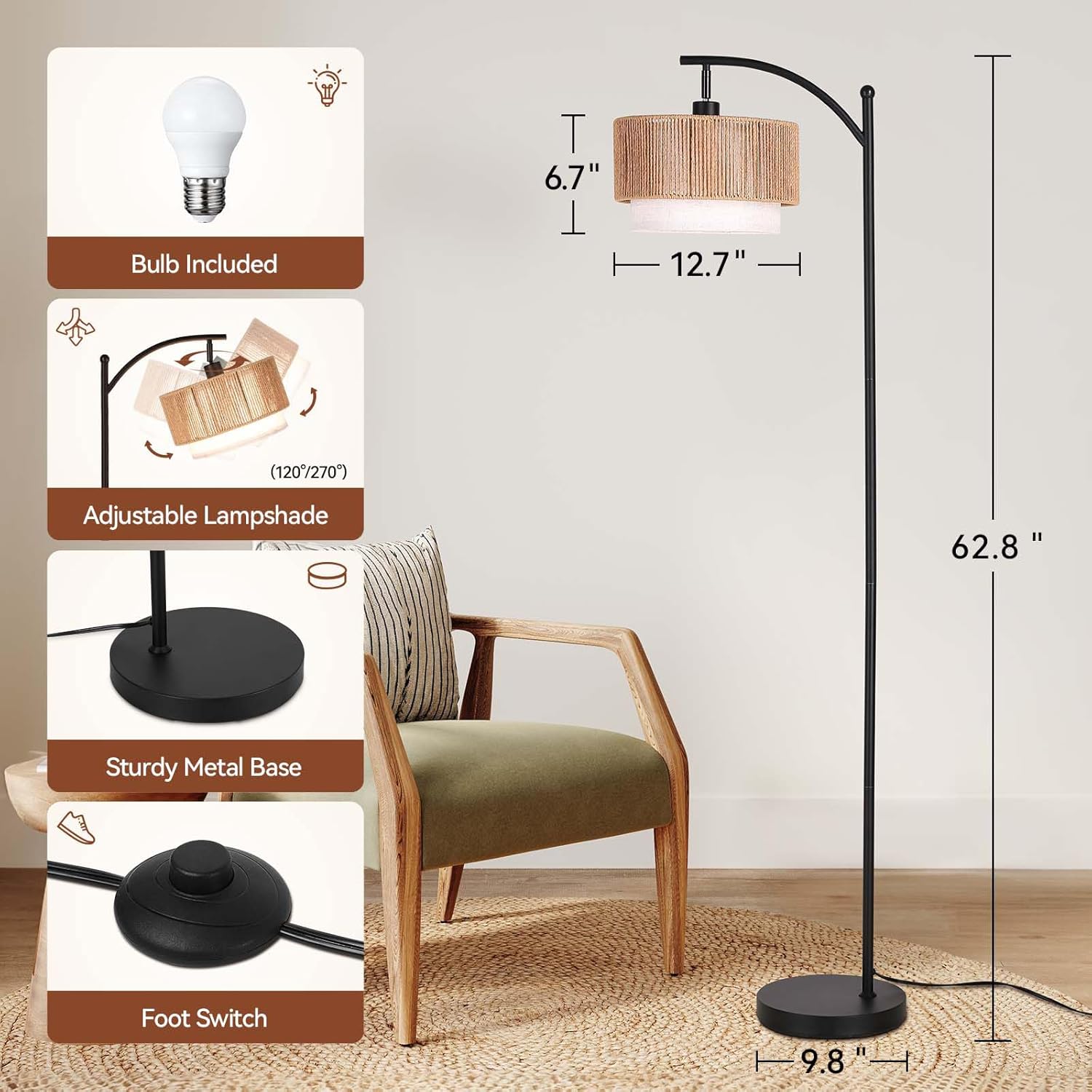 3CCT Adjustable Rattan Arc Floor Lamp