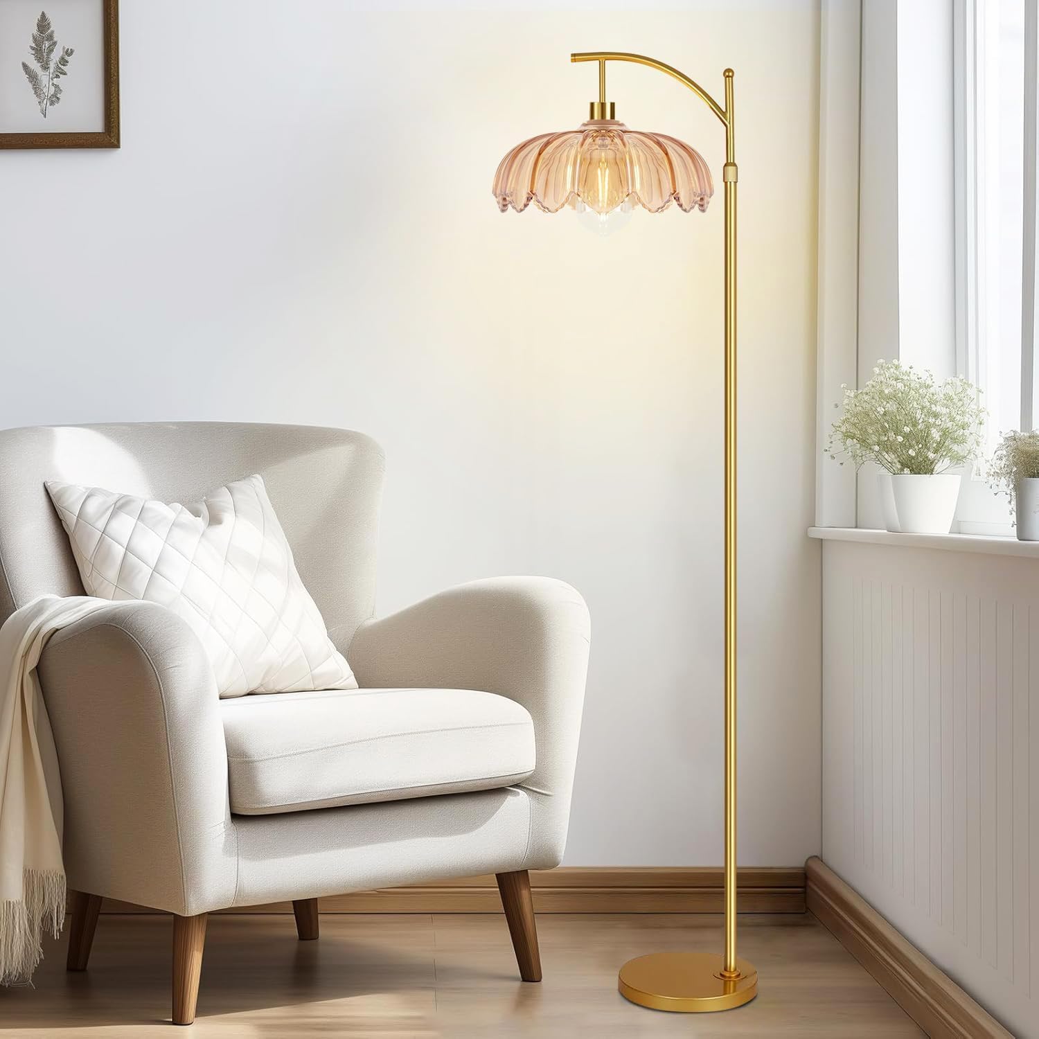 3CCT Gold Glass Shade Arc Floor Lamp