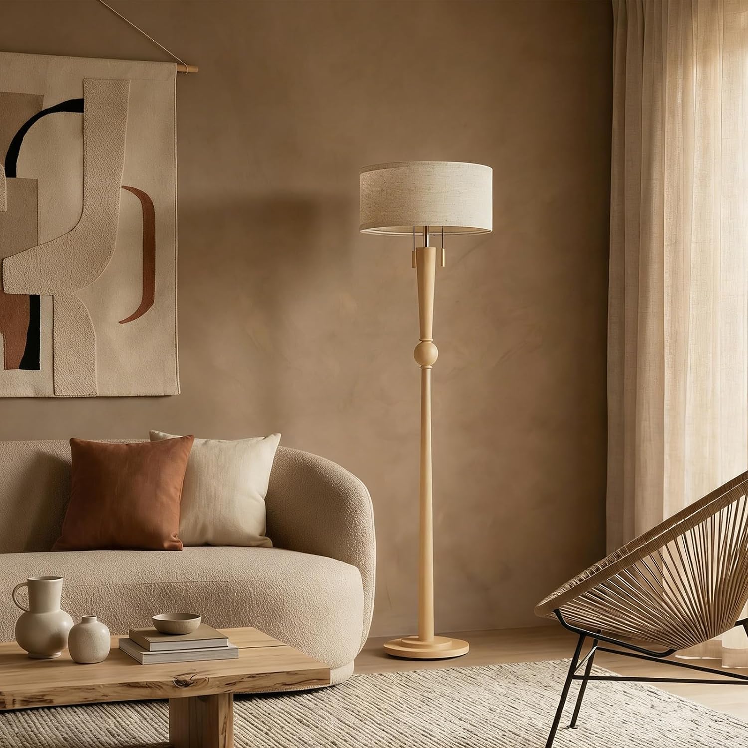 Solid Wood 2-Light Linen Drum Floor Lamp