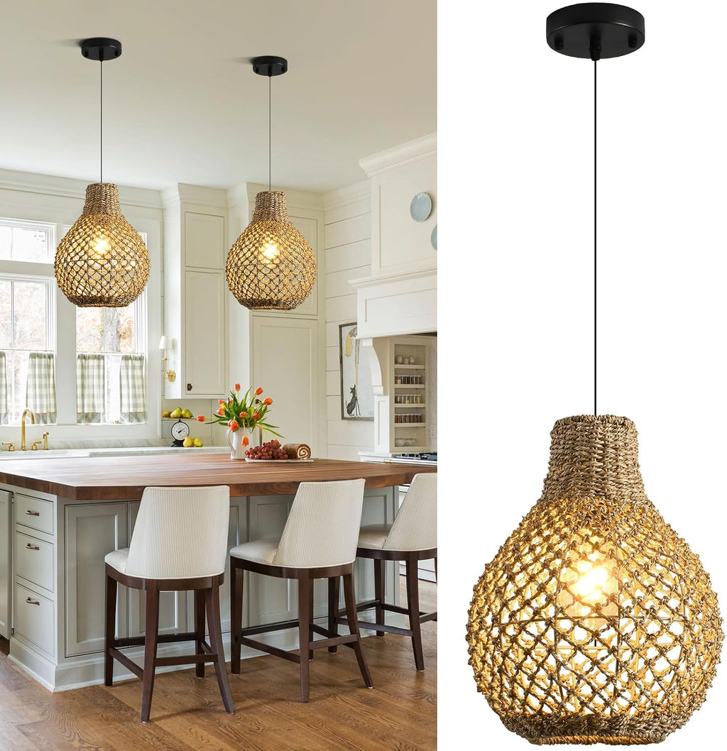 2 Pack Seagrass Boho Rattan Pendant Lights