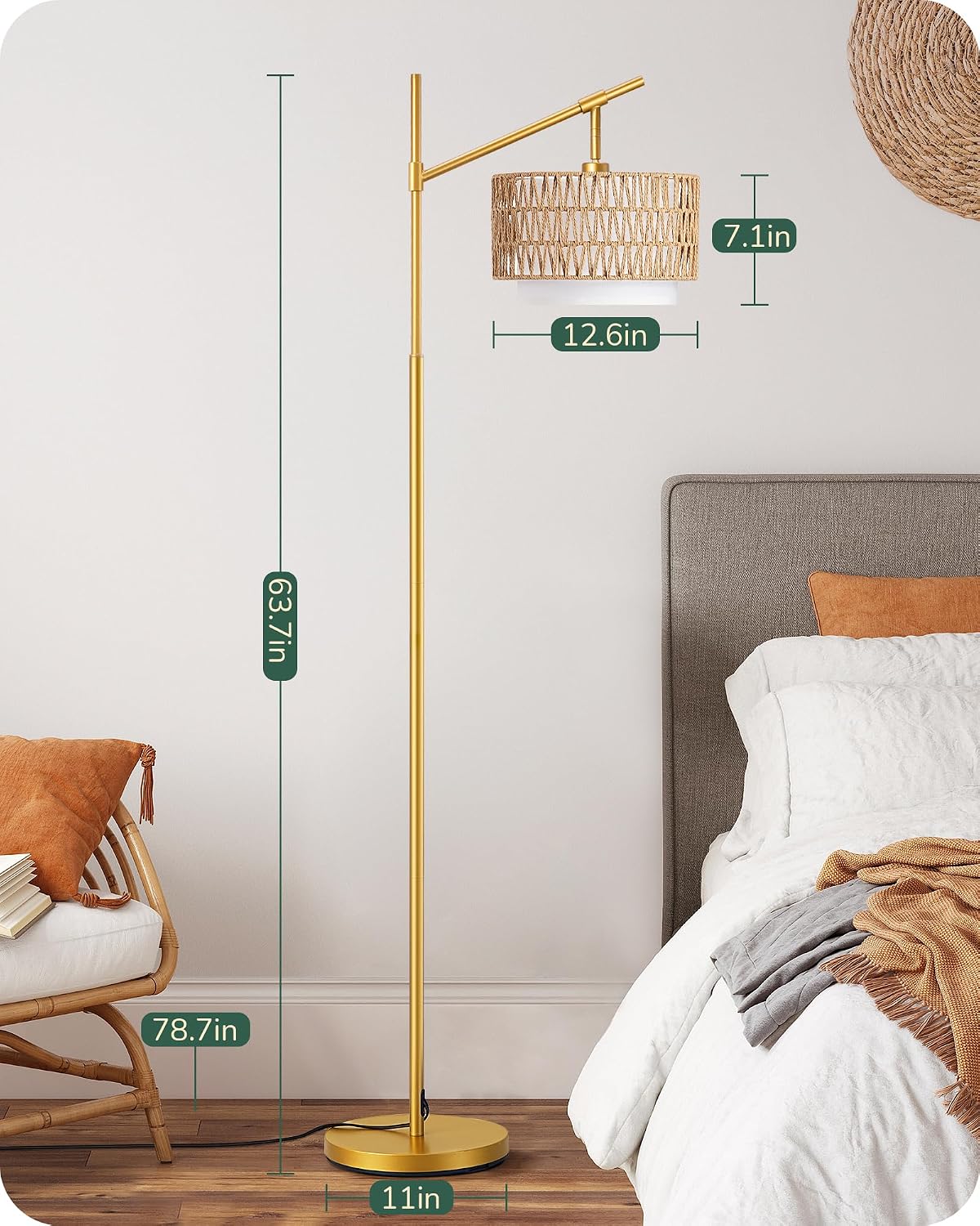 5CCT Gold Rattan Arc Farmhouse Floor Lamp