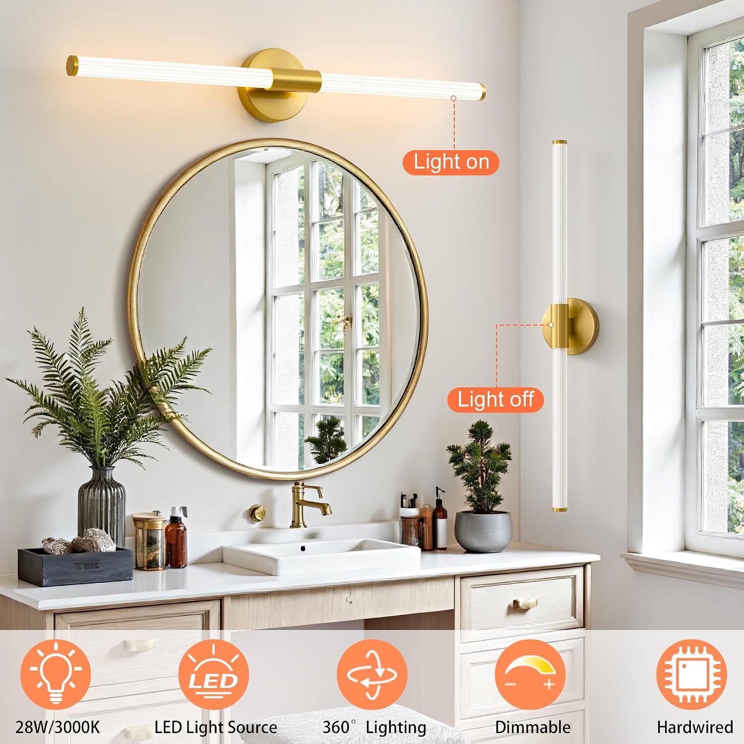 360° Dimmable Gold LED Vanity Light Bar