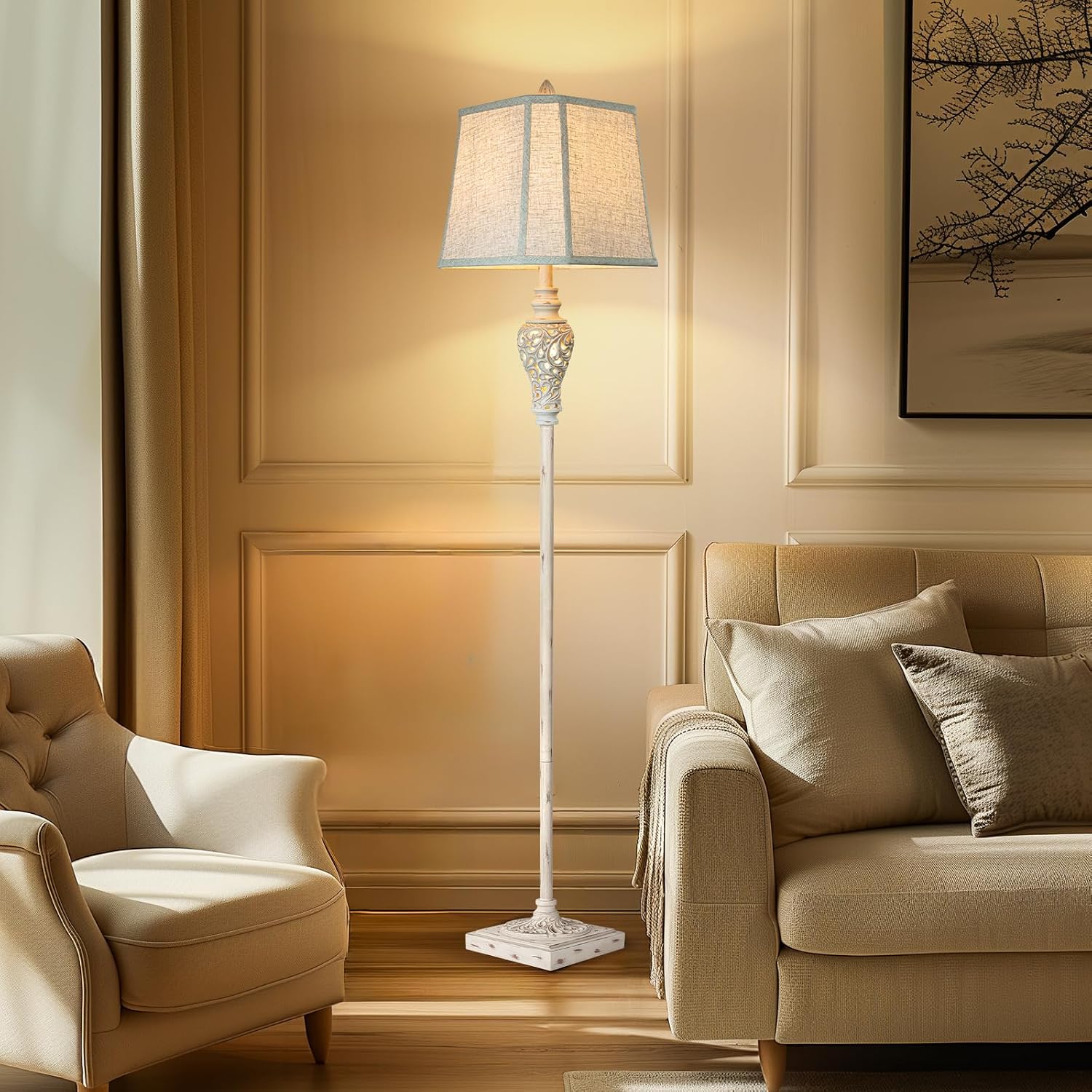 Rustic Linen Shade Floor Lamp With Nightlight