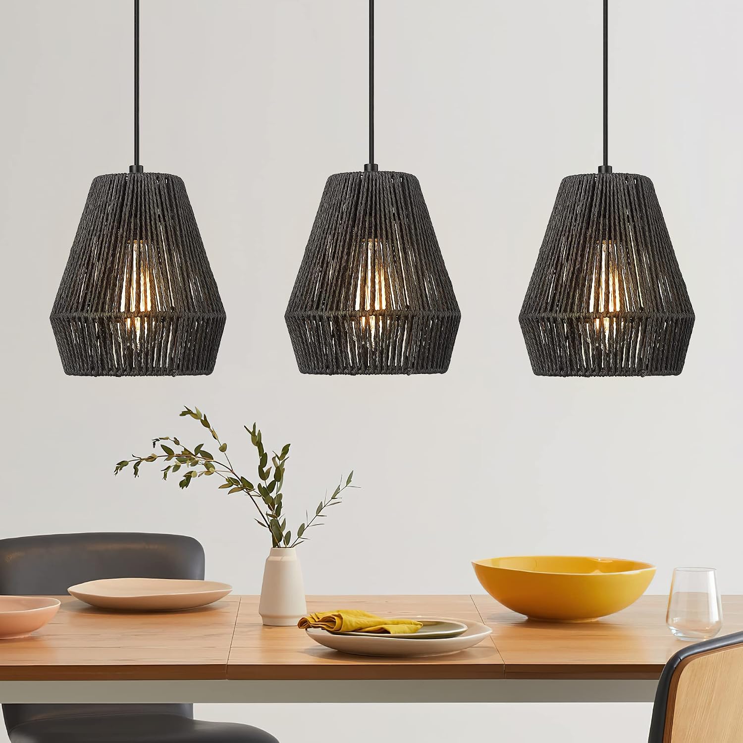 3 Pack Black Rattan Boho Pendant Lights
