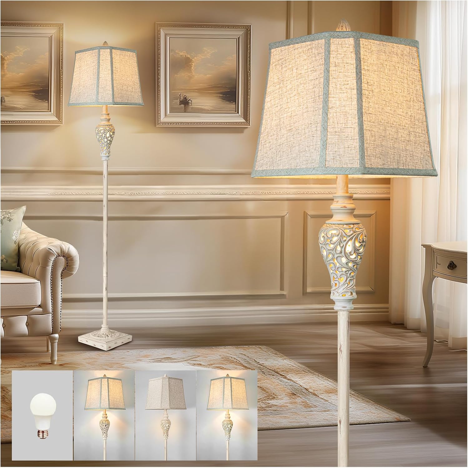 Rustic Linen Shade Floor Lamp With Nightlight