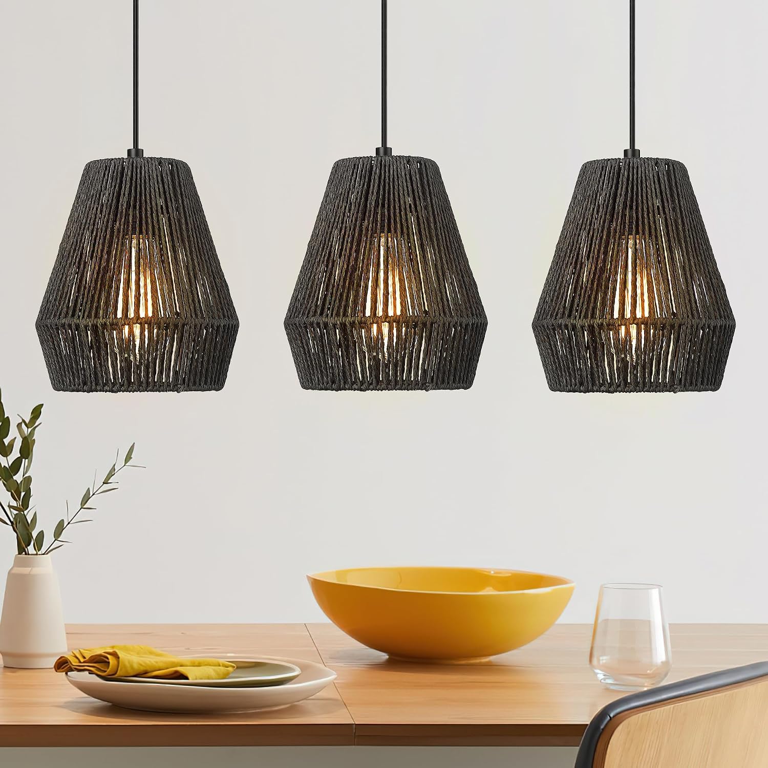 3 Pack Black Rattan Boho Pendant Lights